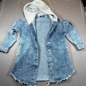 Thrill Jeans Denim Jacket Womens Small Blue Acid Wash Hooded Raw Hem Casual
